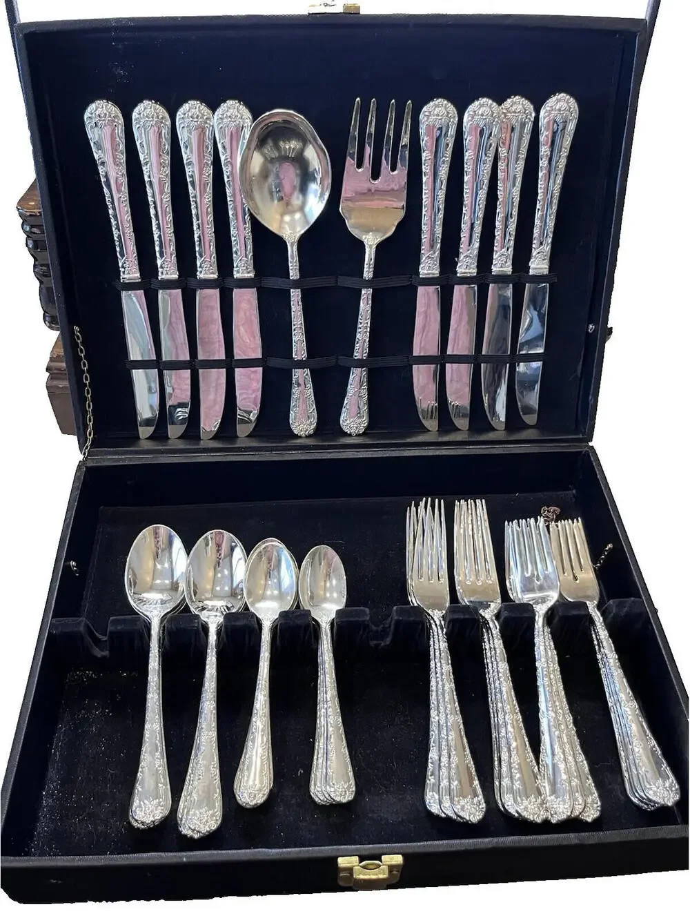 WM Roger Enchanted Set Rose Vintage Silverplate by IS Service for 8, with 42 pcs
